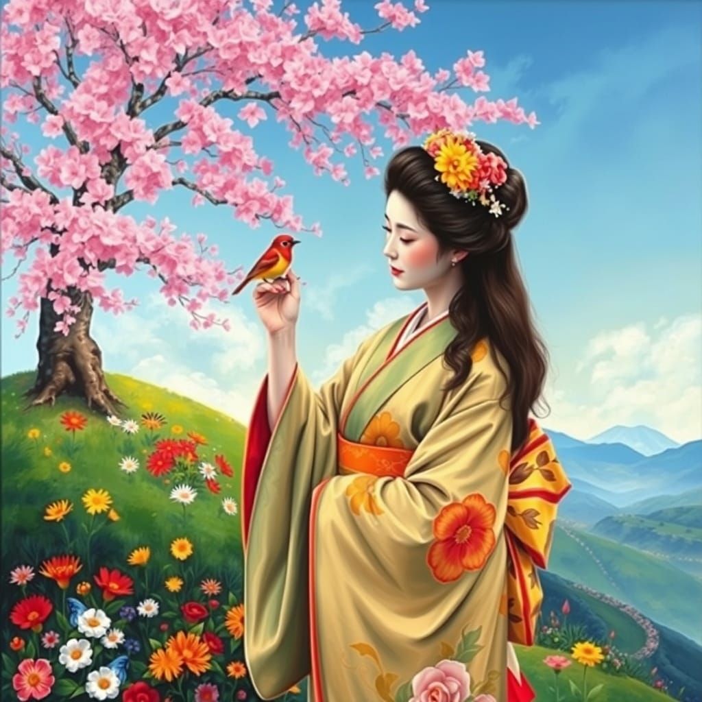 Geisha and Bird in Oil Painting Style