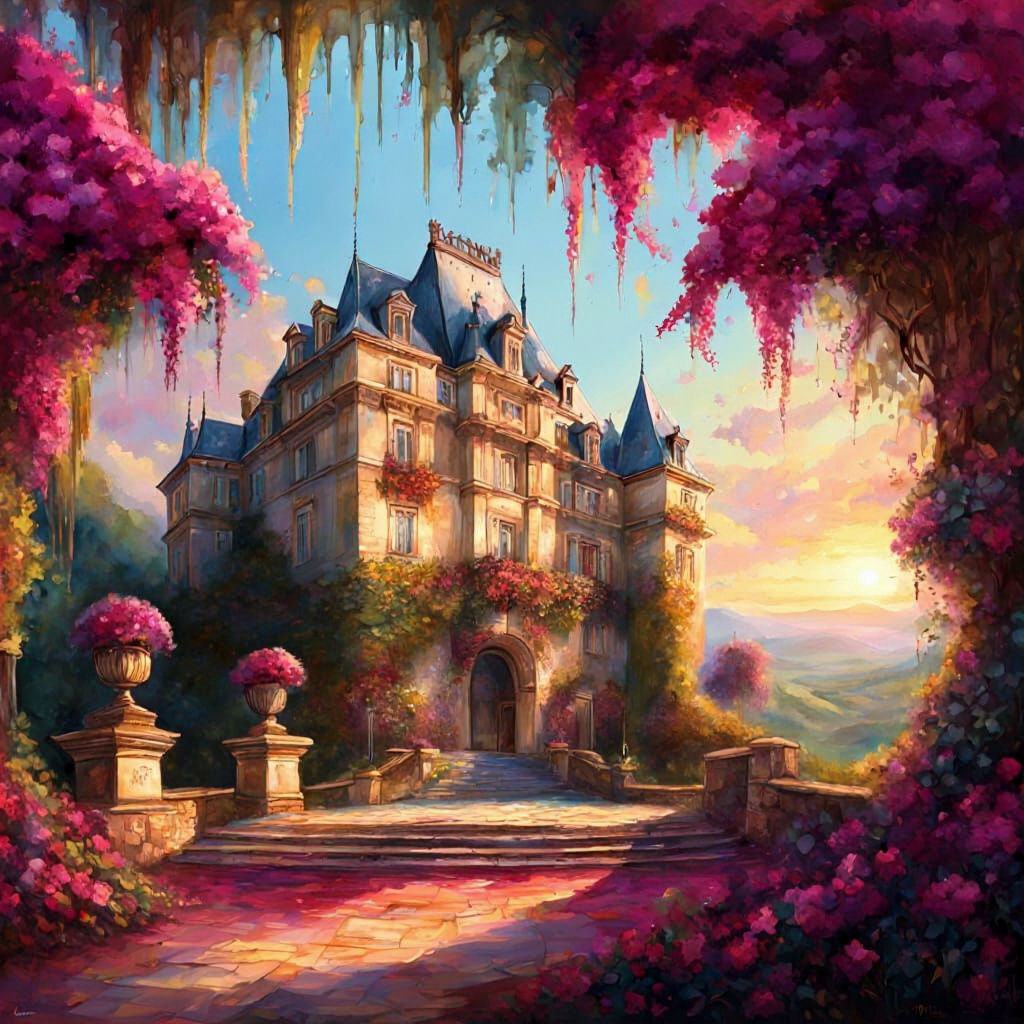 French Chateau in Forested Hills: Vibrant Oil Painting
