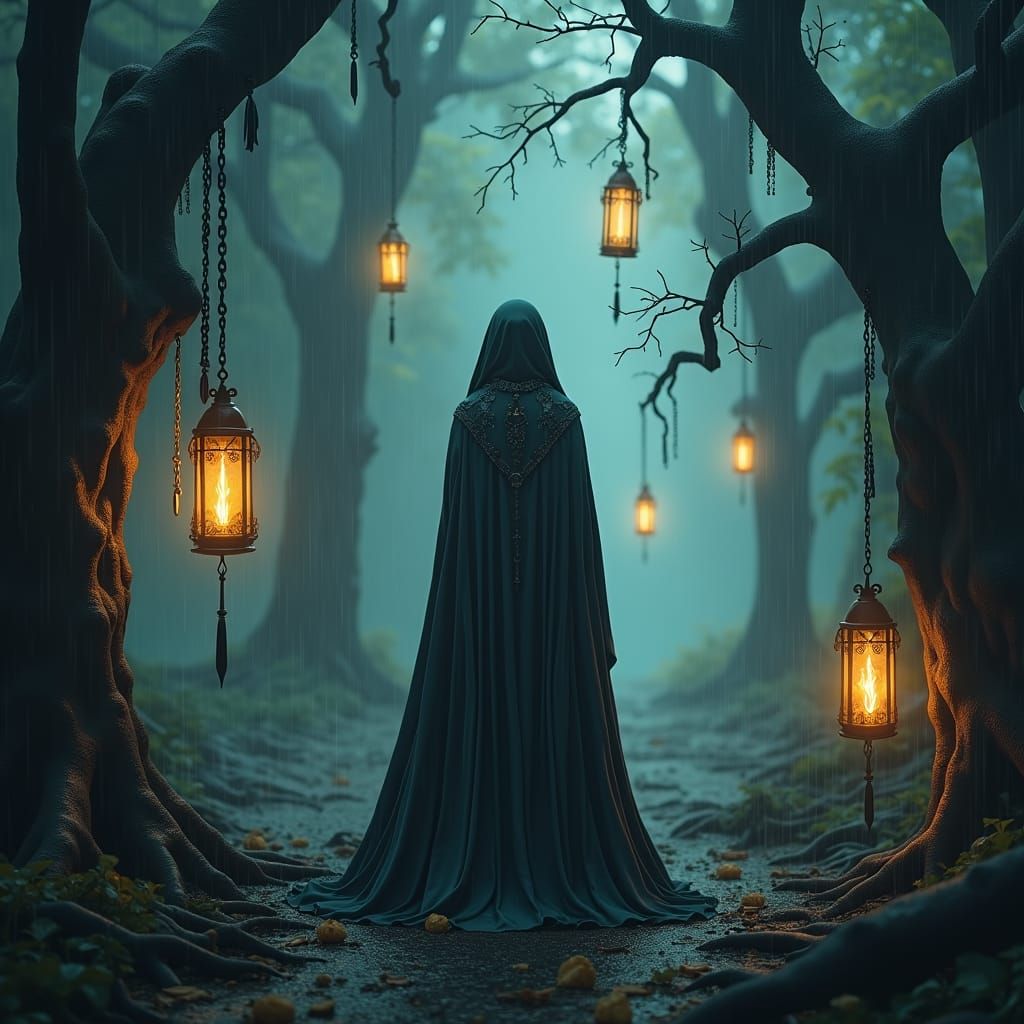 Enchanting Lady in Forest with Lanterns: Fantasy Art