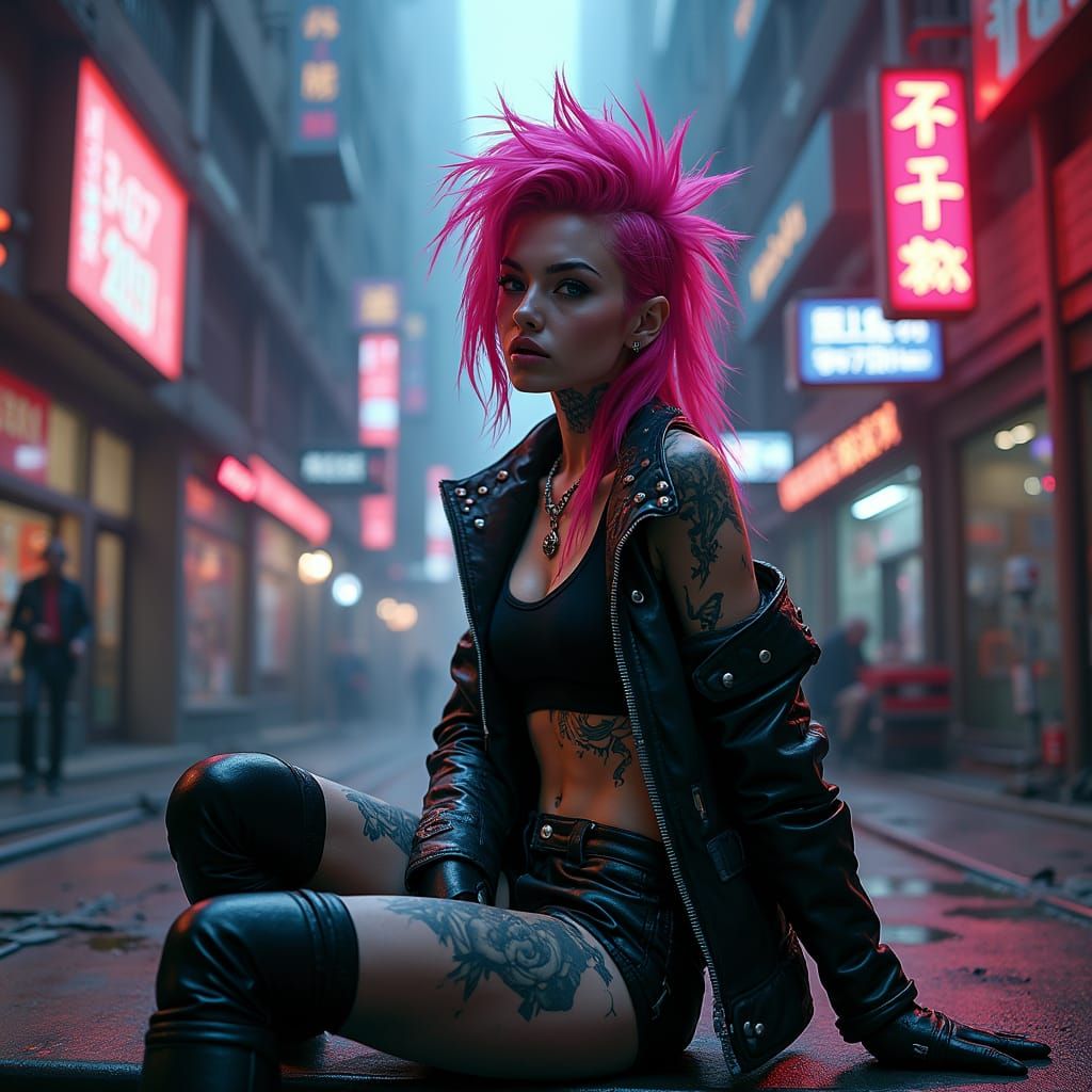 Cyberpunk Goddess in Electric Pink Hair, Neon-Lit Alley