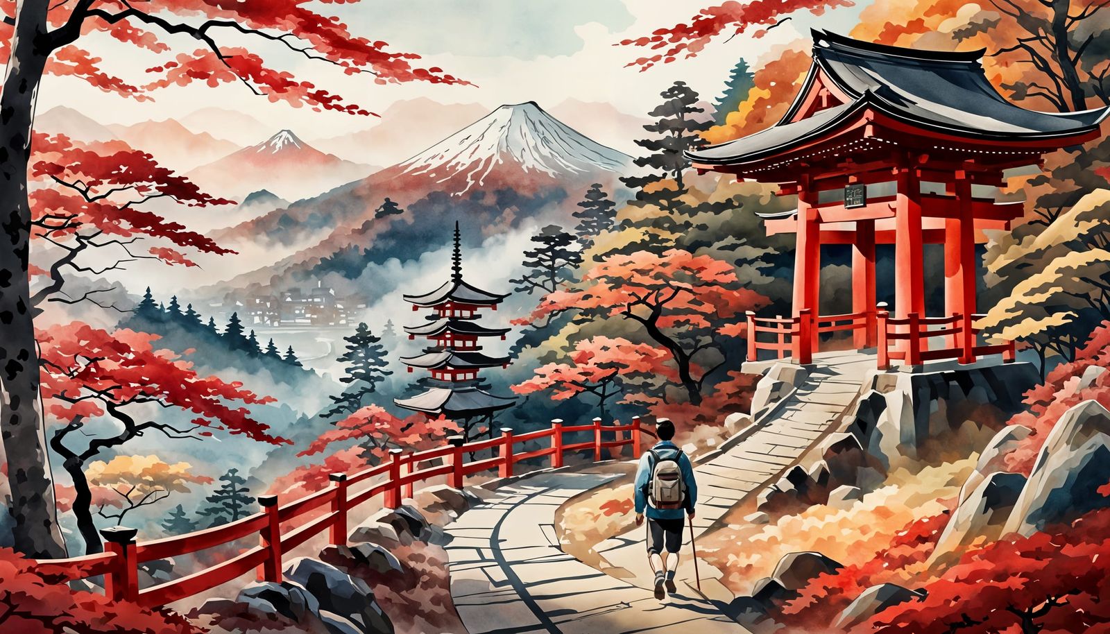 Ukiyo-e Mountain Trail with Red Maples
