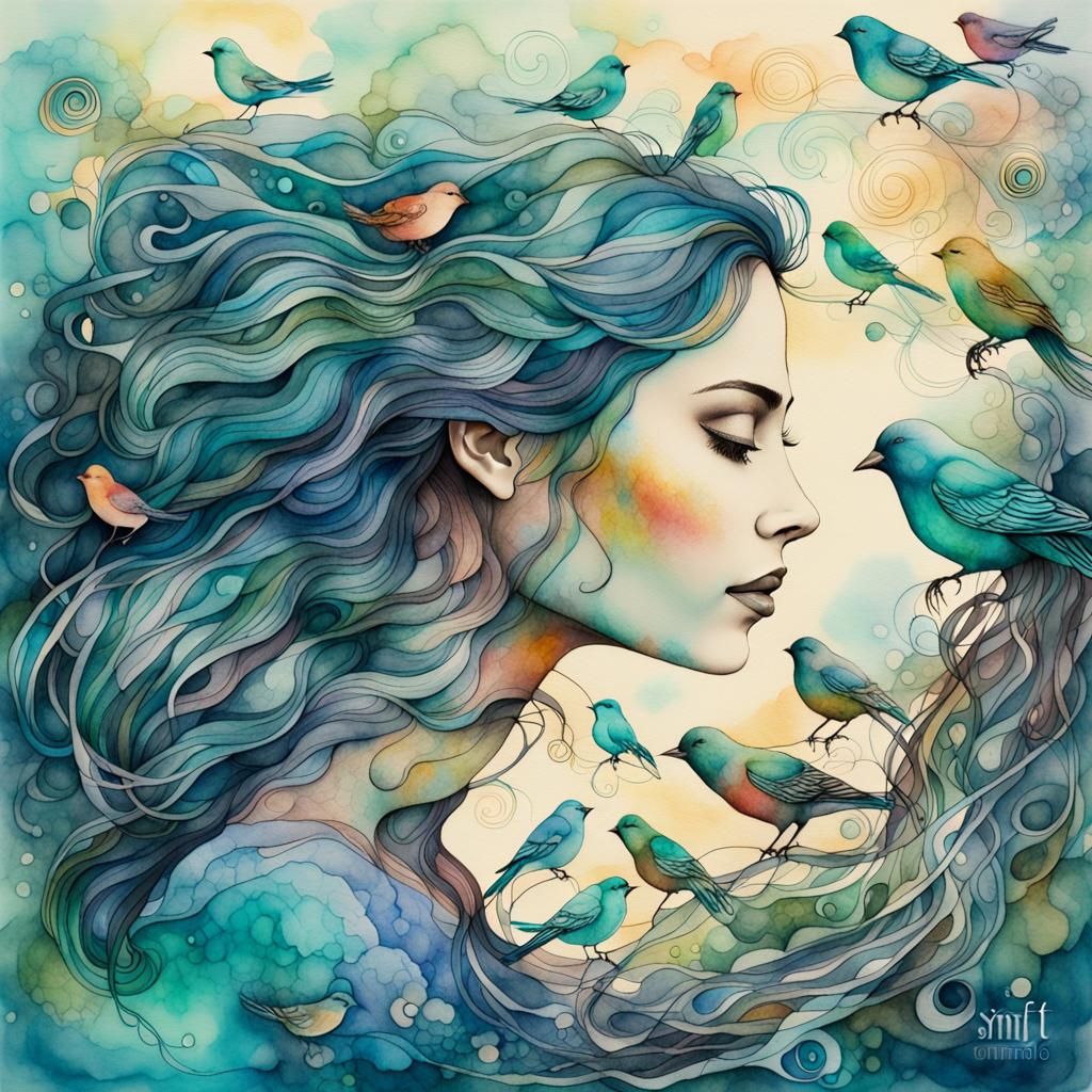 Surreal Woman's Portrait with Birds in Hair