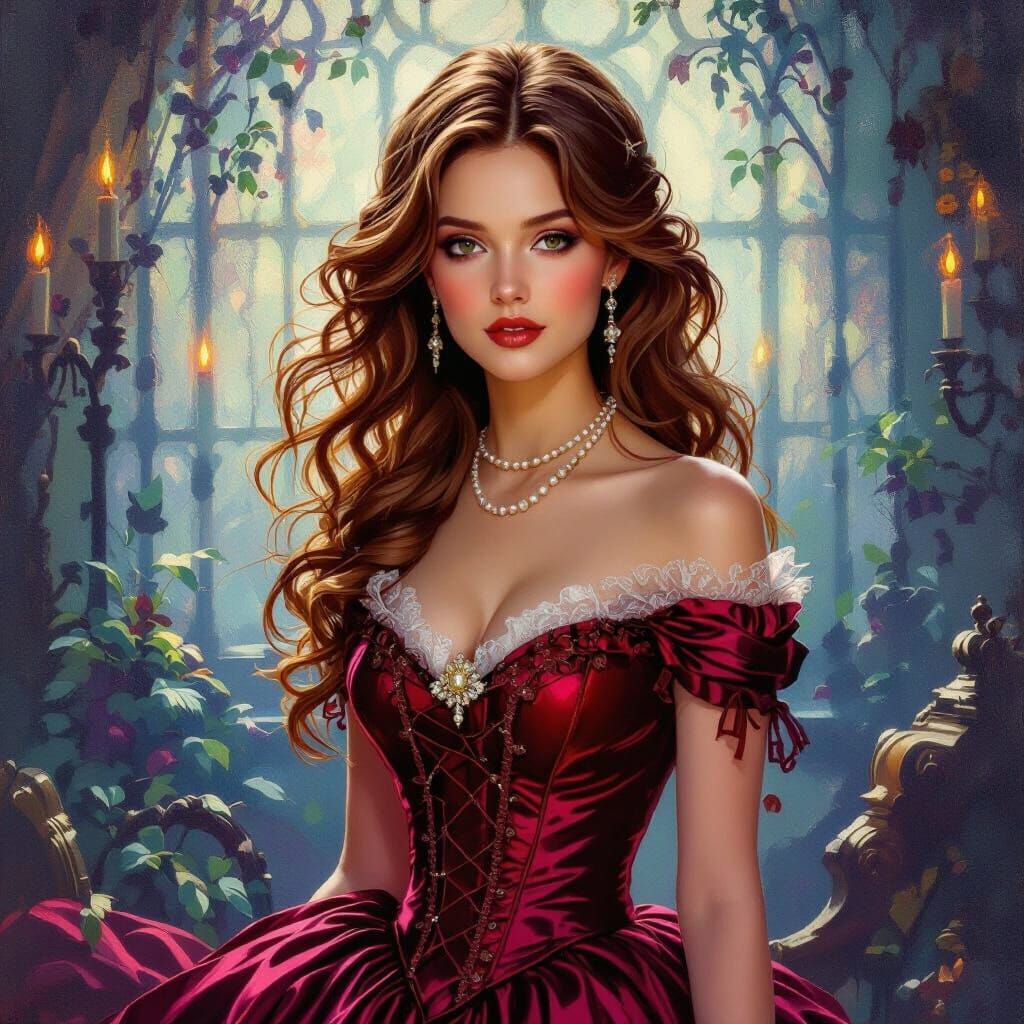 Intricate Victorian Crimson Silk Dress in Chiaroscuro