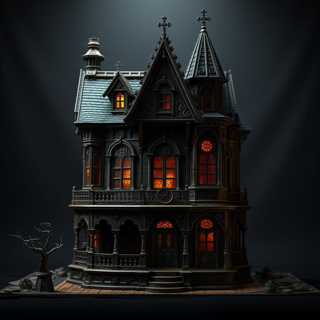 Mysterious Victorian Gothic Dollhouse in Dark Wood