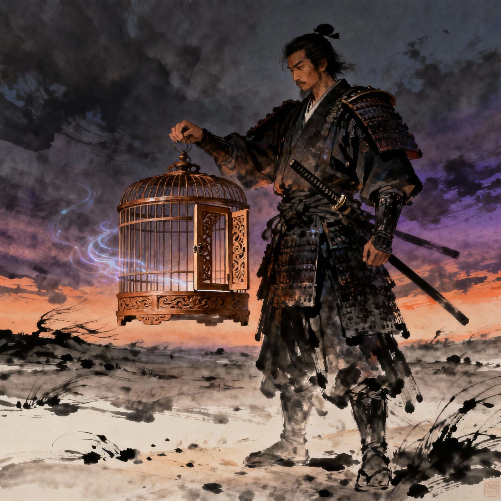 Stoic Samurai with Empty Birdcage Under Twilight Sky