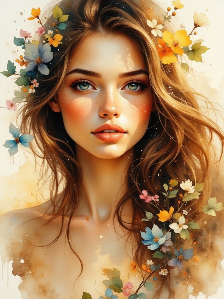 Elegant Watercolor Portrait of a Woman with Flowers