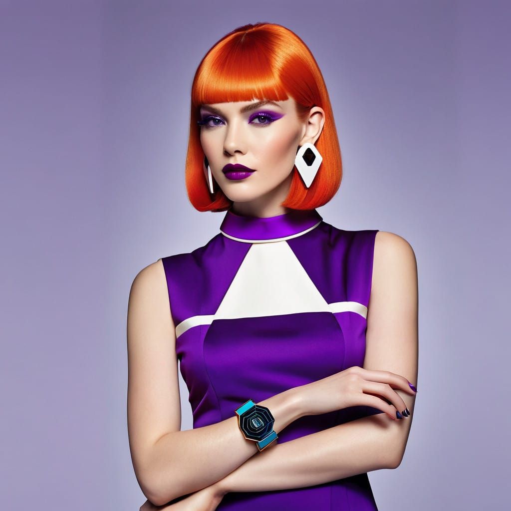 Elegant Retro-Futurist Homemaker in Purple Attire