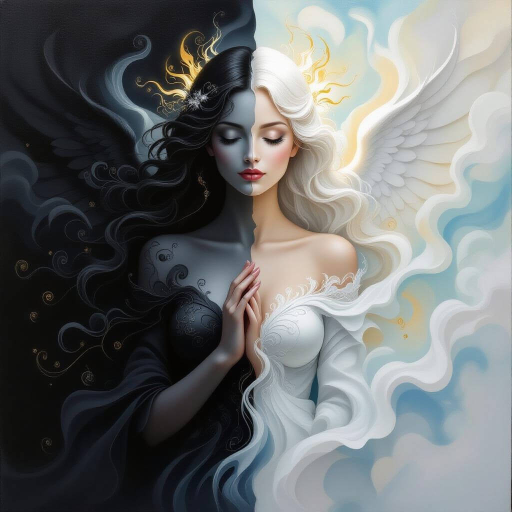 Angel of Duality: Light and Shadow Oil Painting