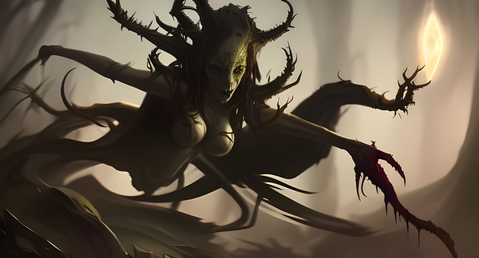 Full portrait view of human-spider, upper torso of a woman, attractive face, 8 eyes of a spider and spider legs, deviant...