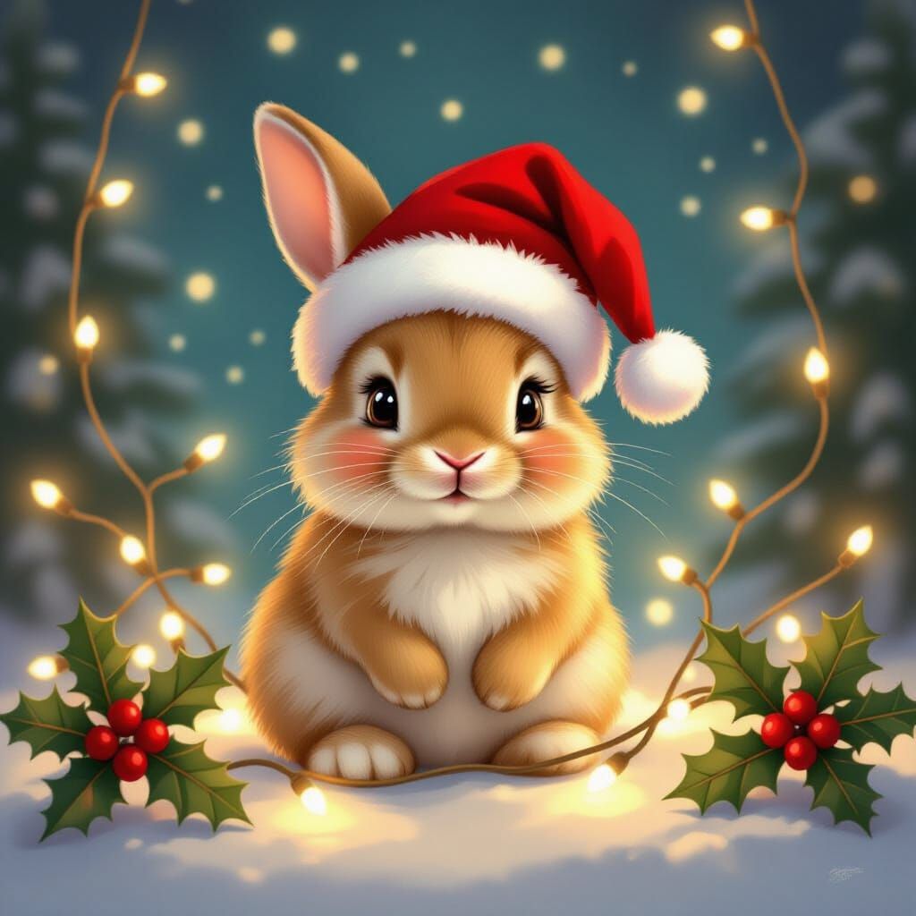 Adorable Christmas Bunny in Fairy Lights Digital Art