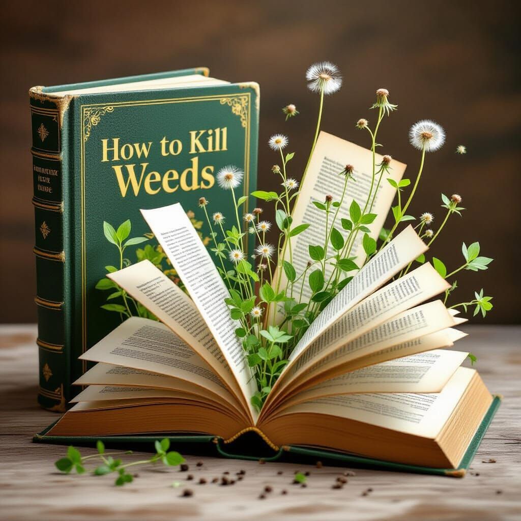 Whimsical Book with Weeds Growing From Pages