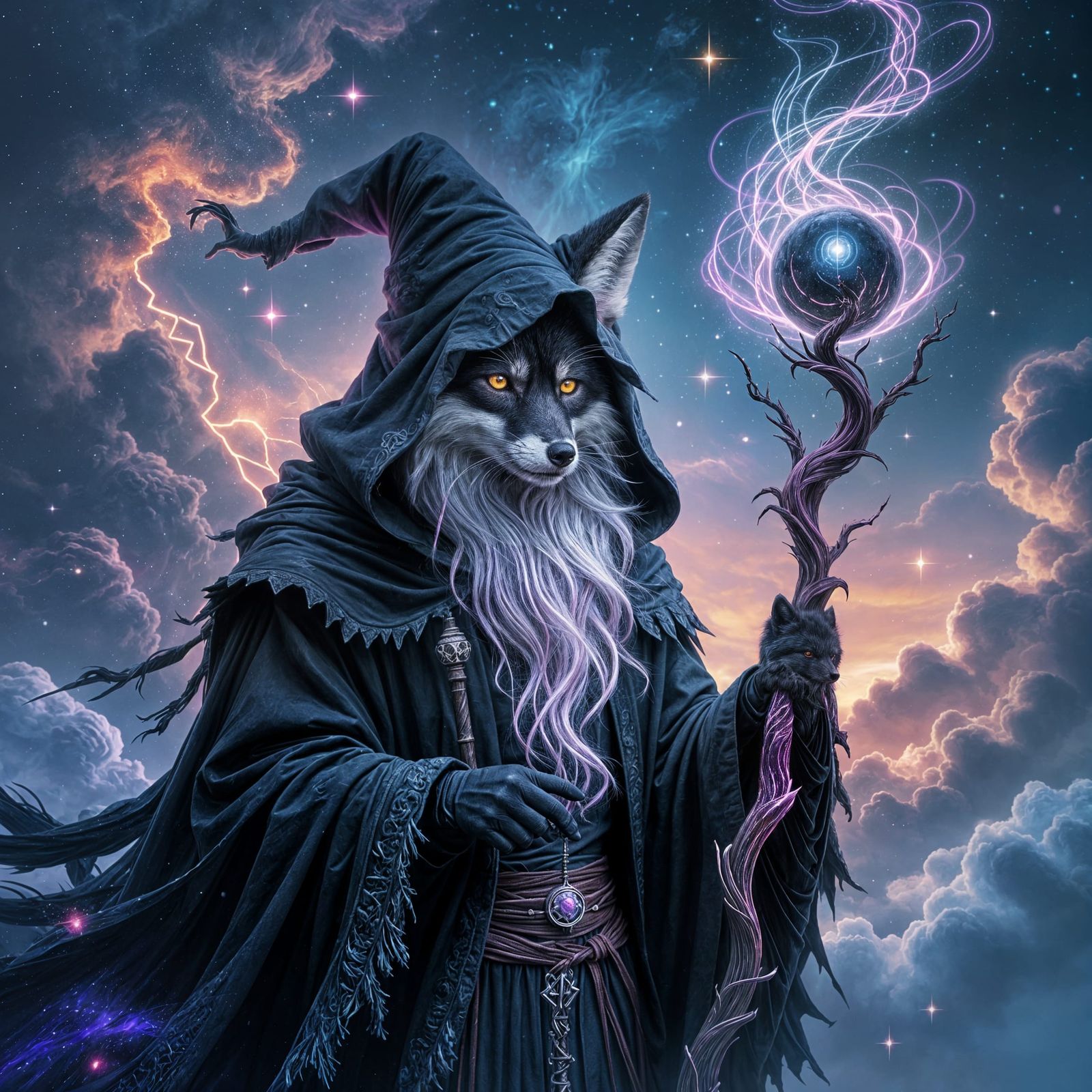 Mystical Black Fox Wizard in a Cosmic Dreamscape