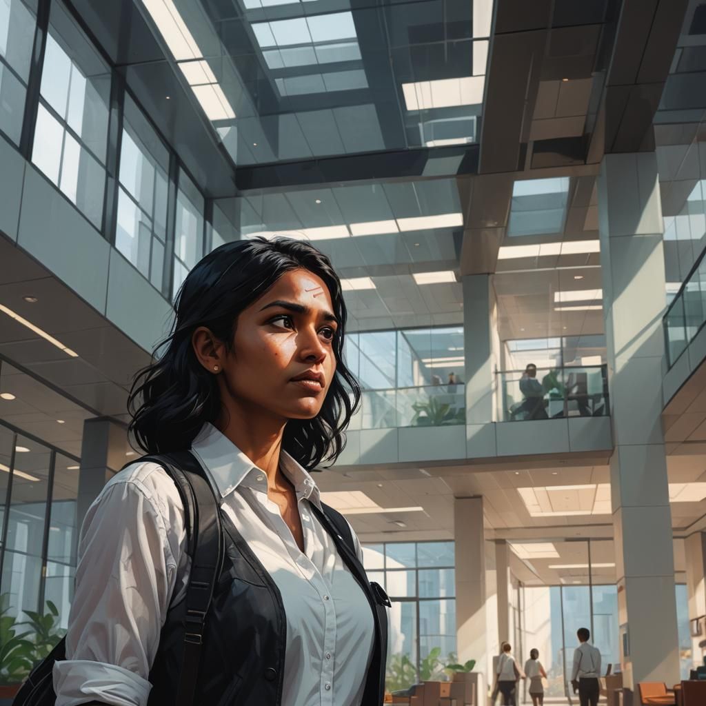Indian Woman in Office Lobby: Digital Matte Painting