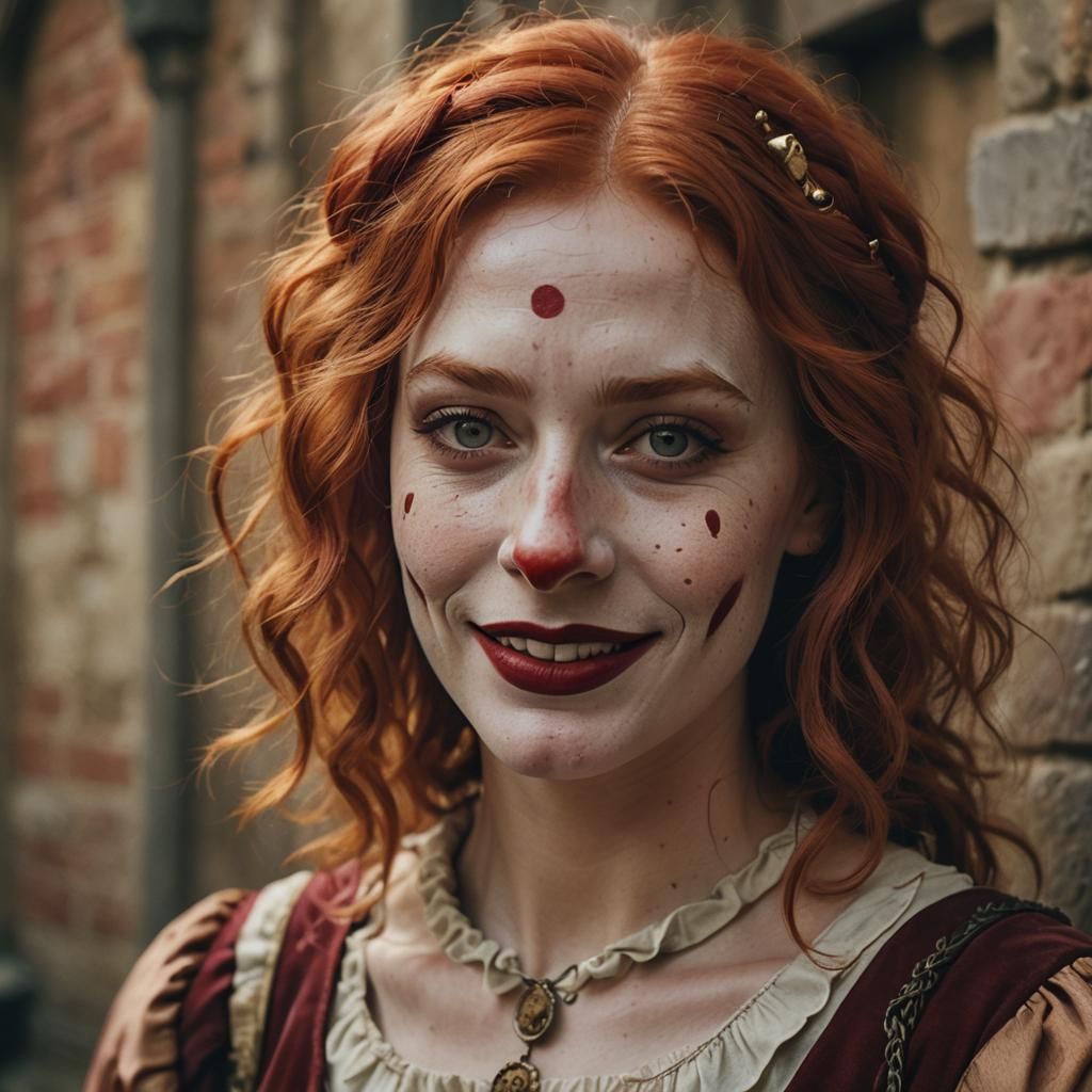 Red Haired Medieval Girl Dressed as a Clown for Halloween