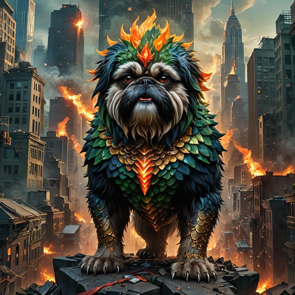Menacing Shih Tzu Godzilla Hybrid in Destroyed City