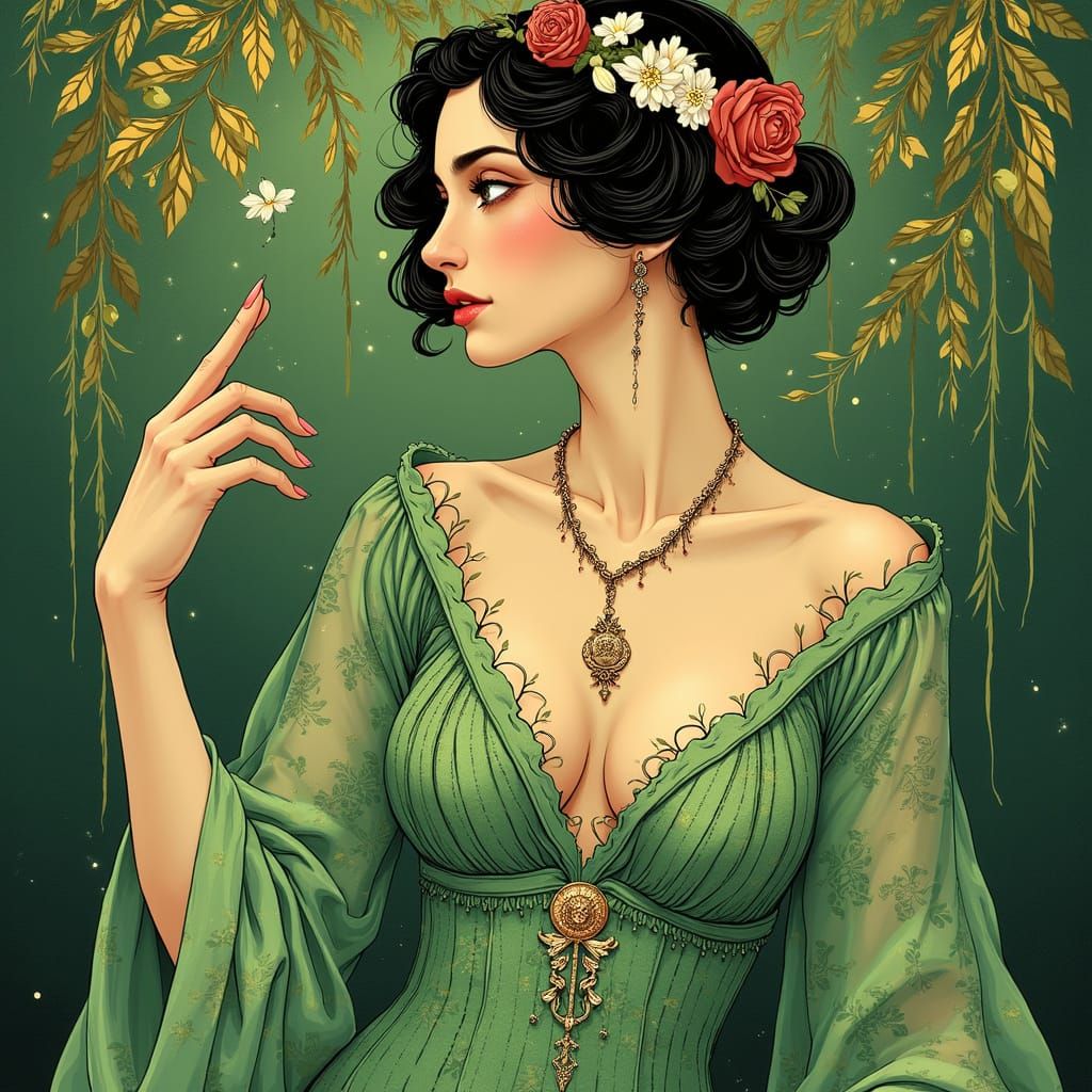 Sensual Art Nouveau Floral Masterpiece in Green