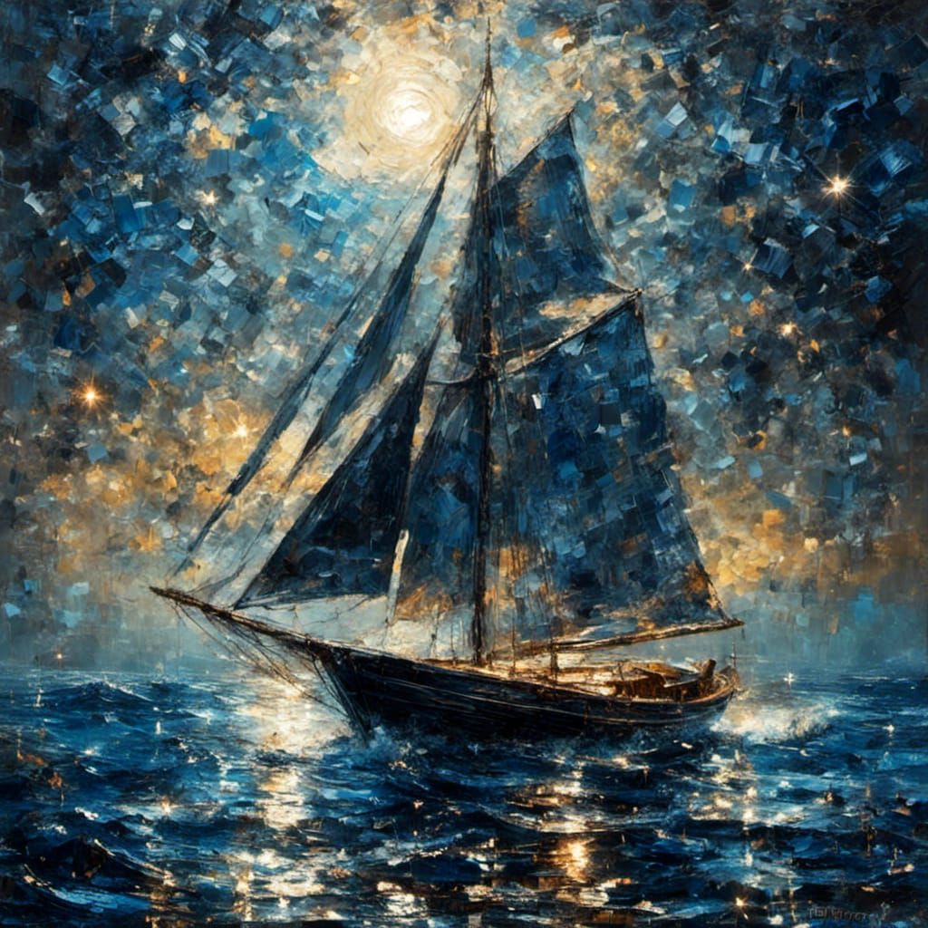 Silver Moonlit Sailboat: Impressionist Night Scene