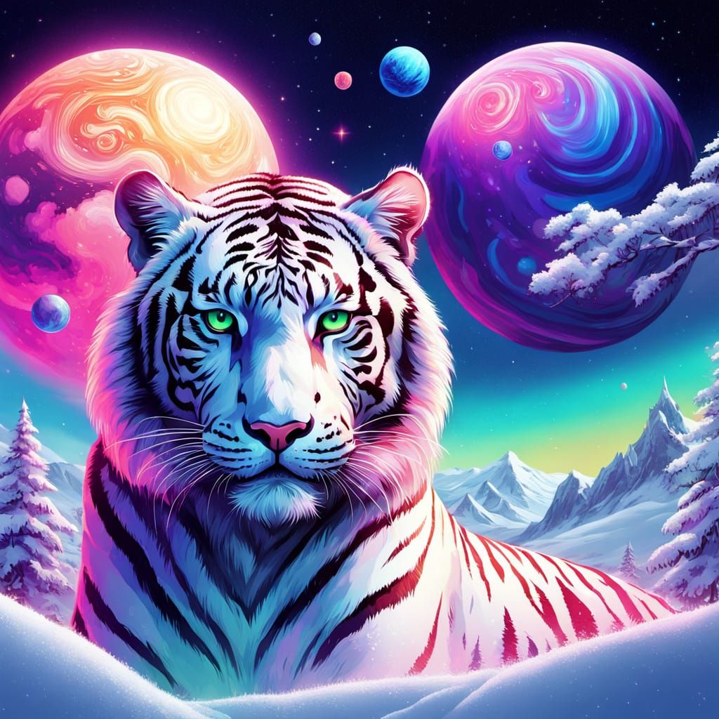 Surreal Cosmic Scene with Tigers and Planets
