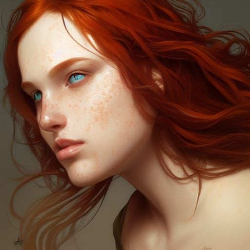 Redhead Freckled Girl Portrait in Hyperdetailed Style