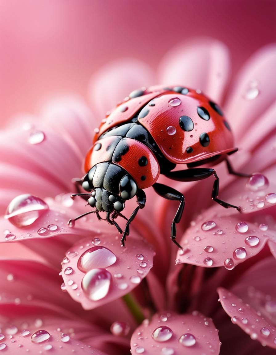 Ladybug on Pink Flower with Dew Drops