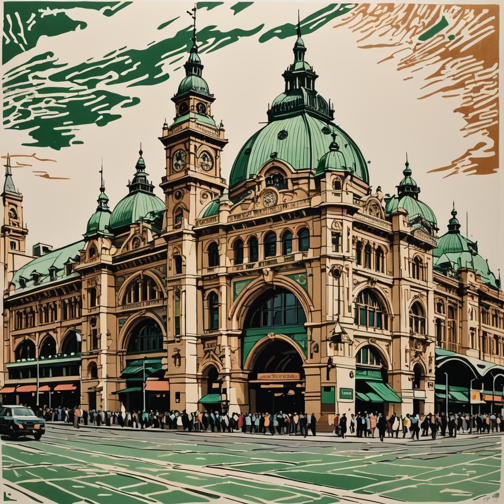 Flinders Street Station: Linocut Expressionist Print