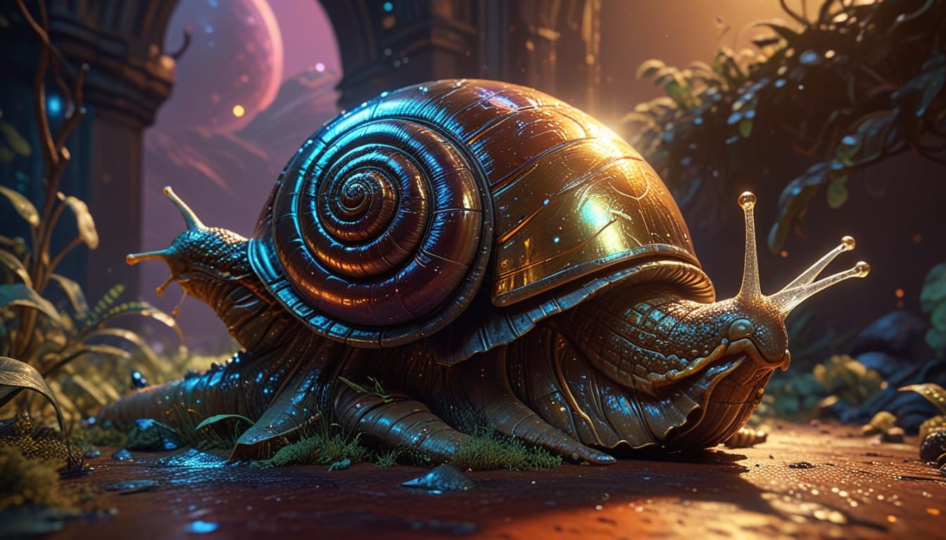 Astronaut Rides Iridescent Snail Alien in Dark Fantasy Art