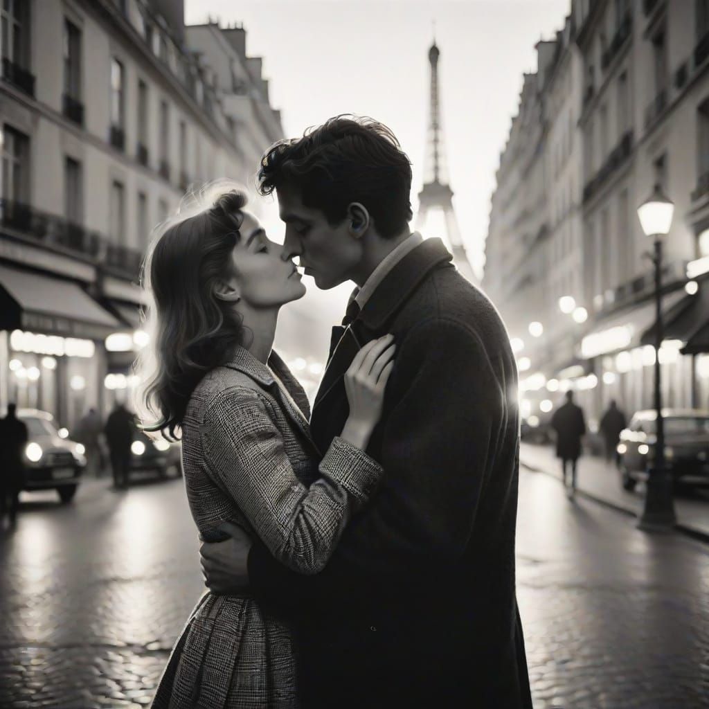 Romantic Couple Kissing in Paris: Black and White Photograph...
