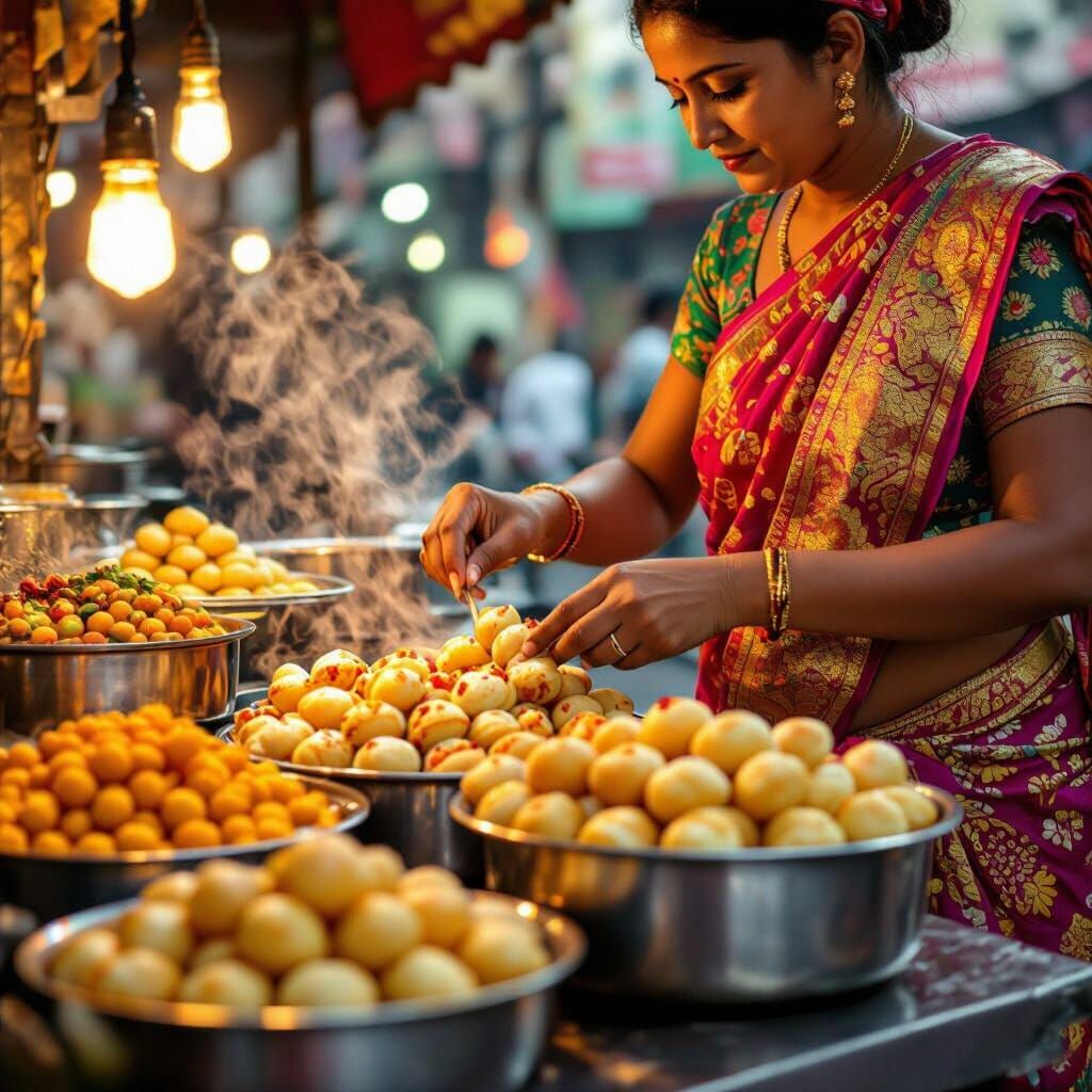 Kolkata Street Food Vendor Crafting Puchka in Golden Hour Li...