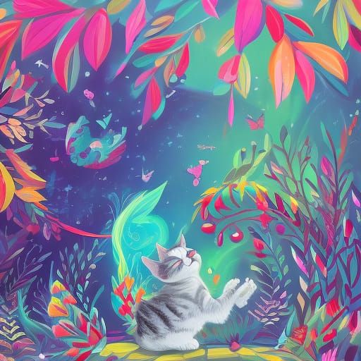 Playful Cat Chasing a Feather in Fantasy Art