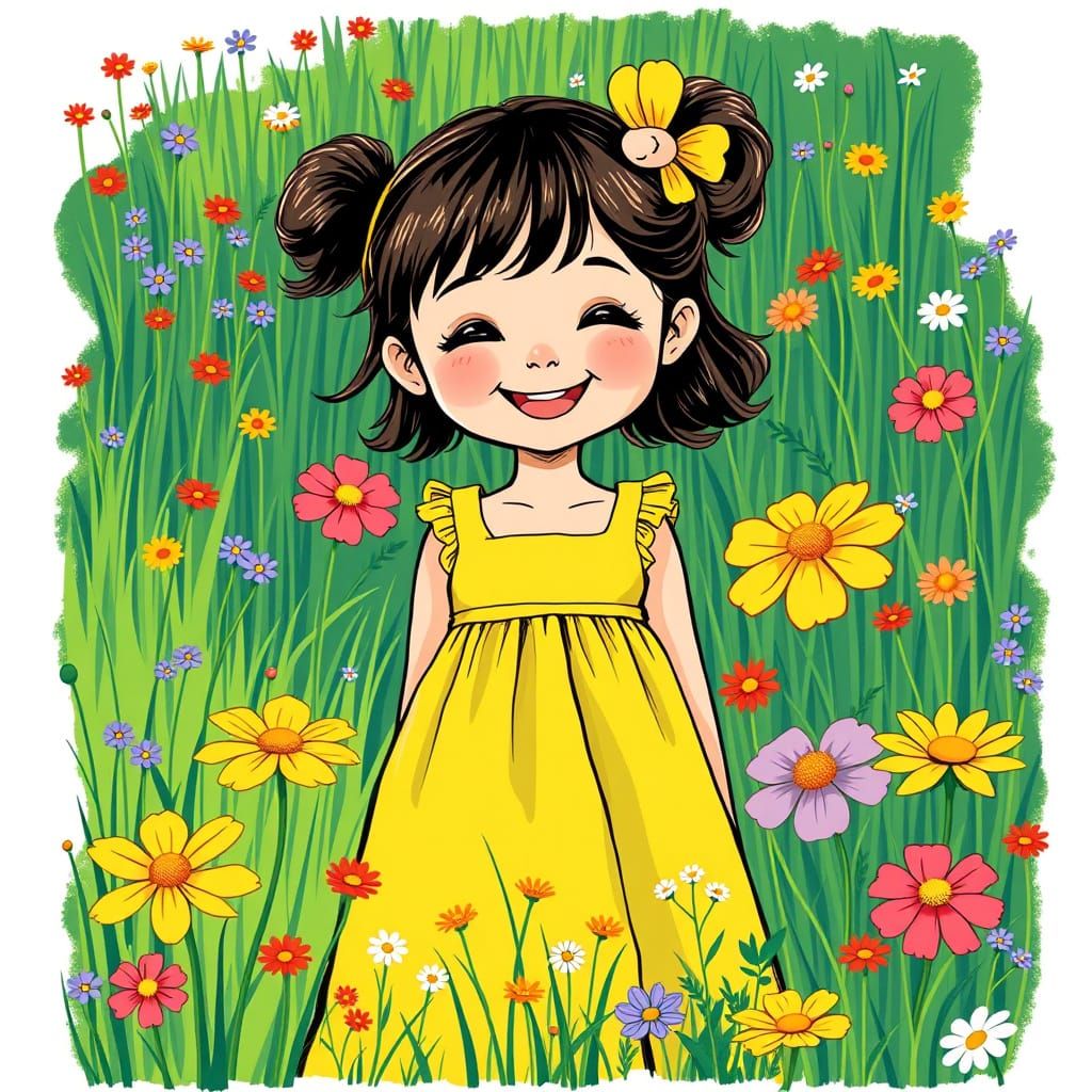 Whimsical Girl in Bright Yellow Sundress Amidst Vibrant Wild...