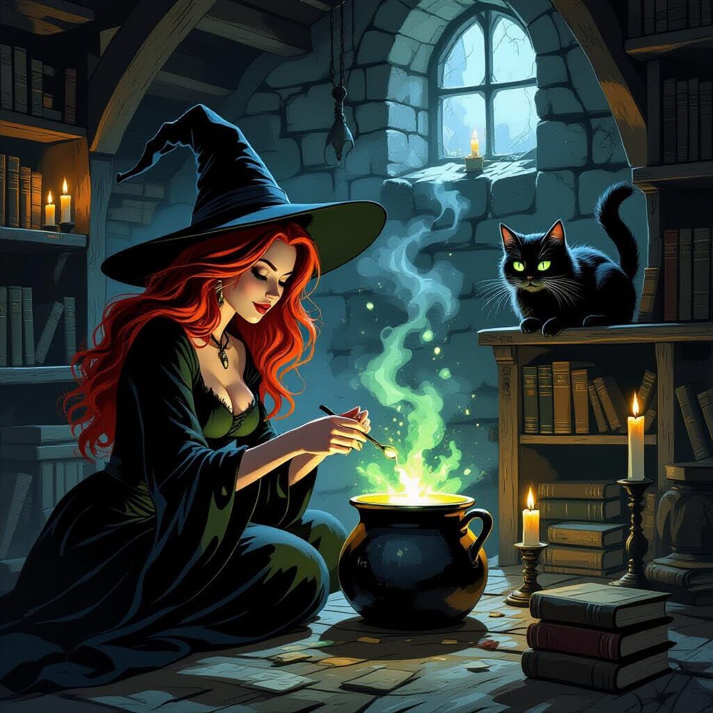 Red-Haired Witch Brewing Potion in Dark Basement