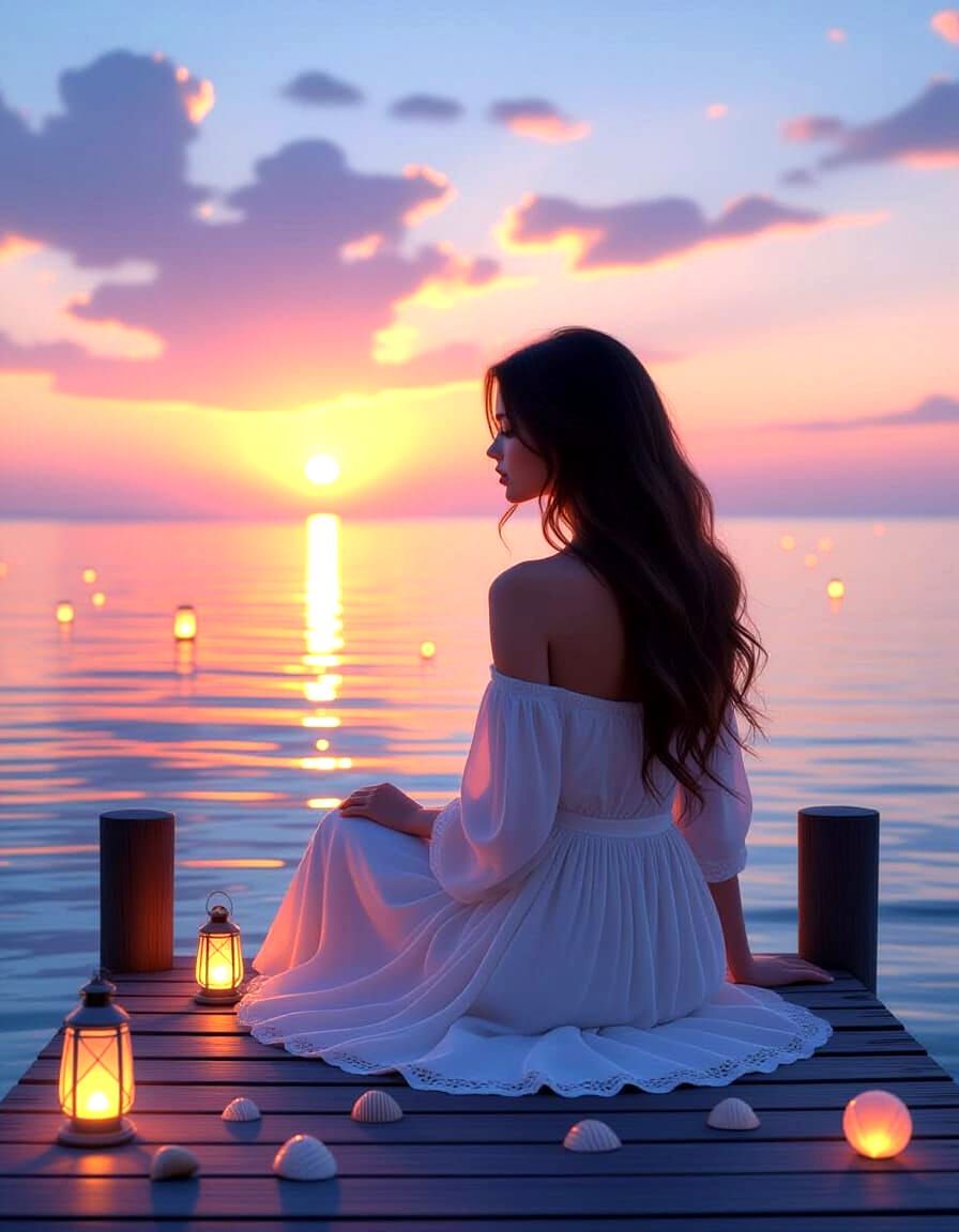 Woman on Pier at Dawn with Floating Lanterns