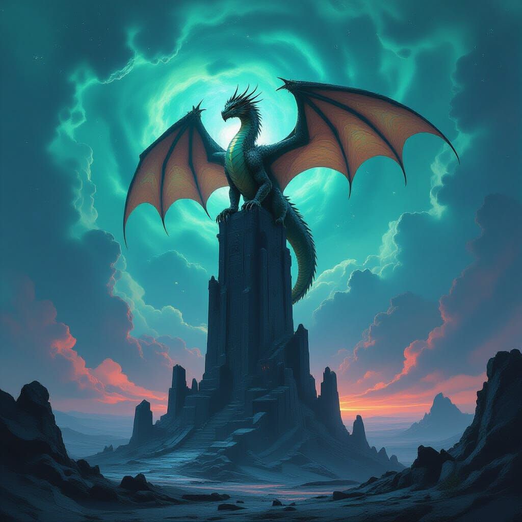 Majestic Dragon on Obsidian Tower Amidst Nebula