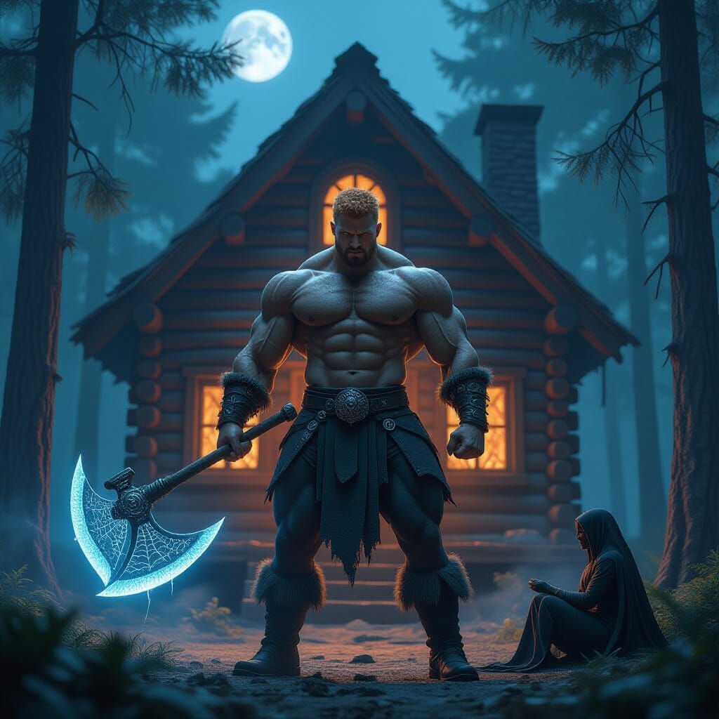 Heroic Man in Enchanted Forest with Spiderweb Axe