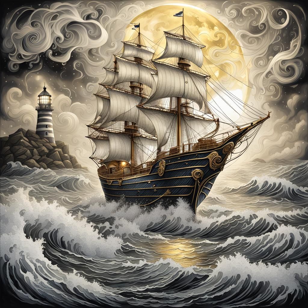 Golden Ship Emerges from Teacup on Stormy Seas