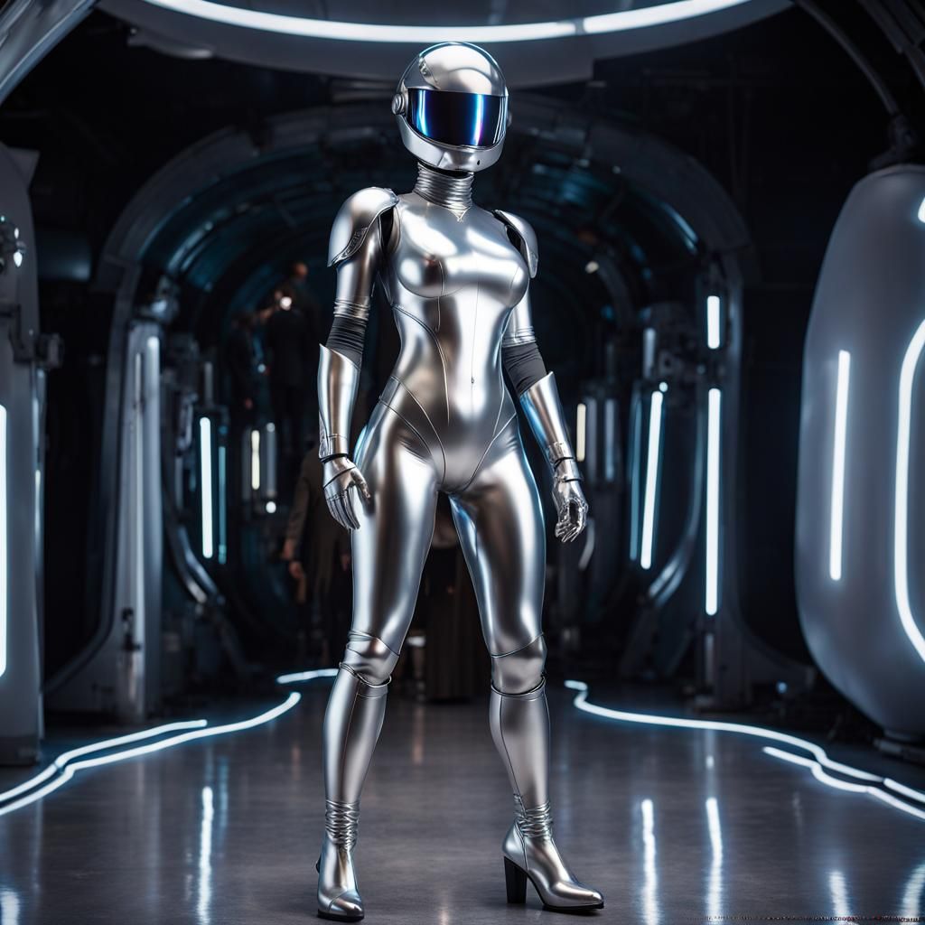 Photorealistic Cyber Fembot in Silver Liquid Metal Suit
