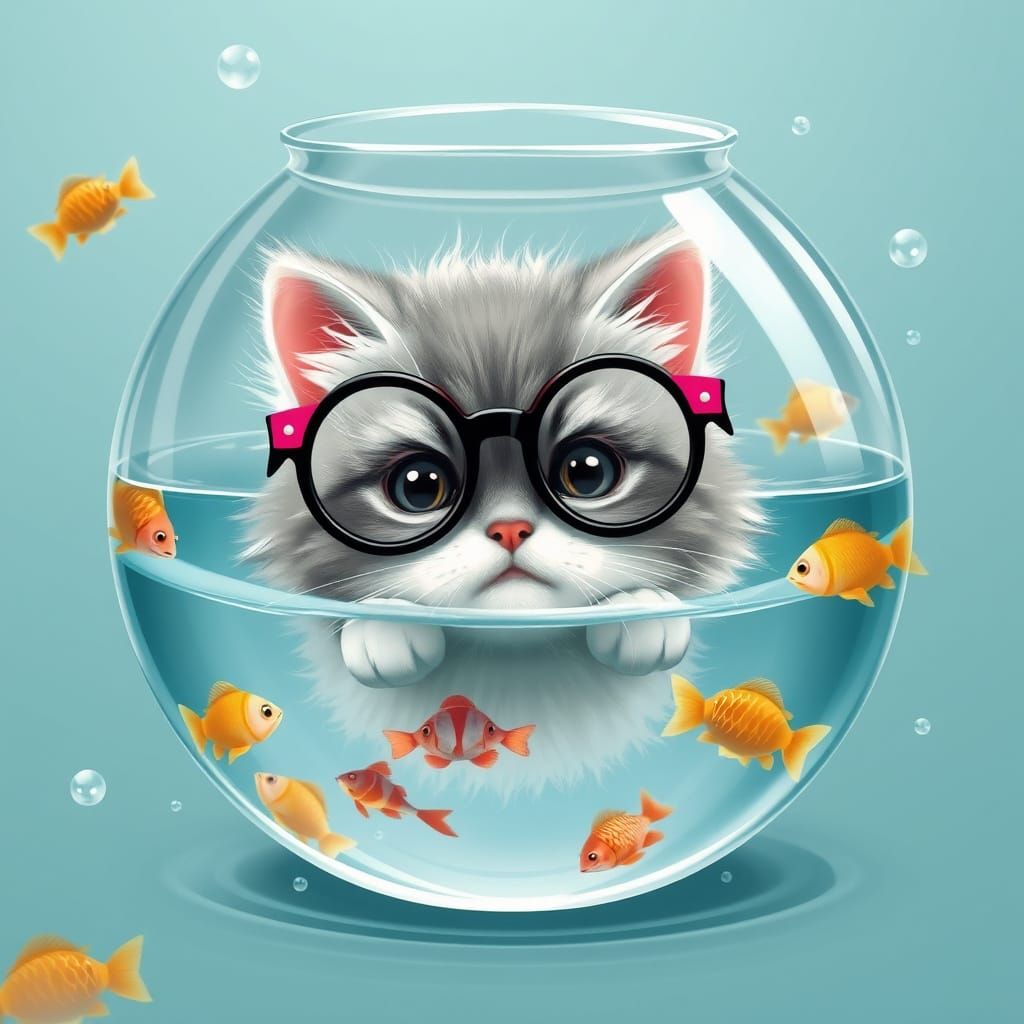 Cute Grey and White Kitten Wears Glasses in Whimsical Fishbo...