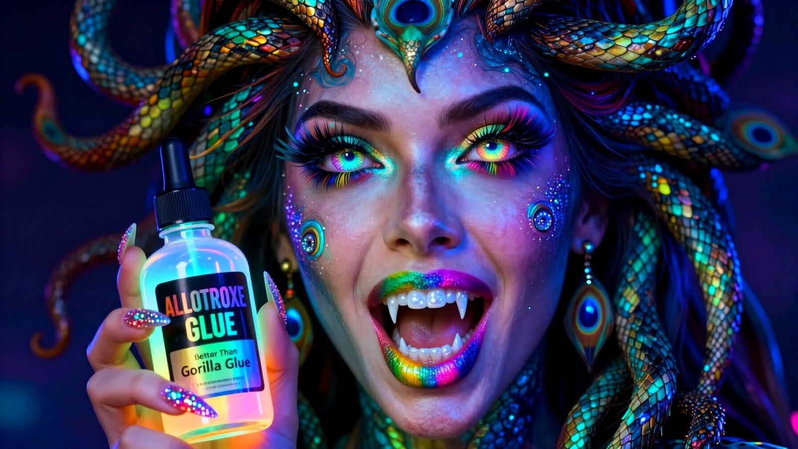 Medusa Goddess with Holographic Snakes and Peacock Hues