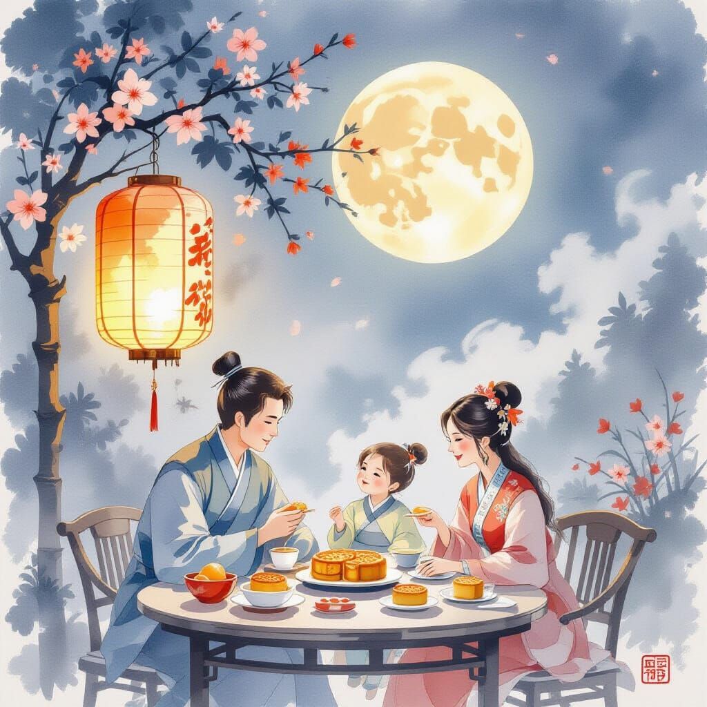 Mid Autumn Festival Celebration Card With Family