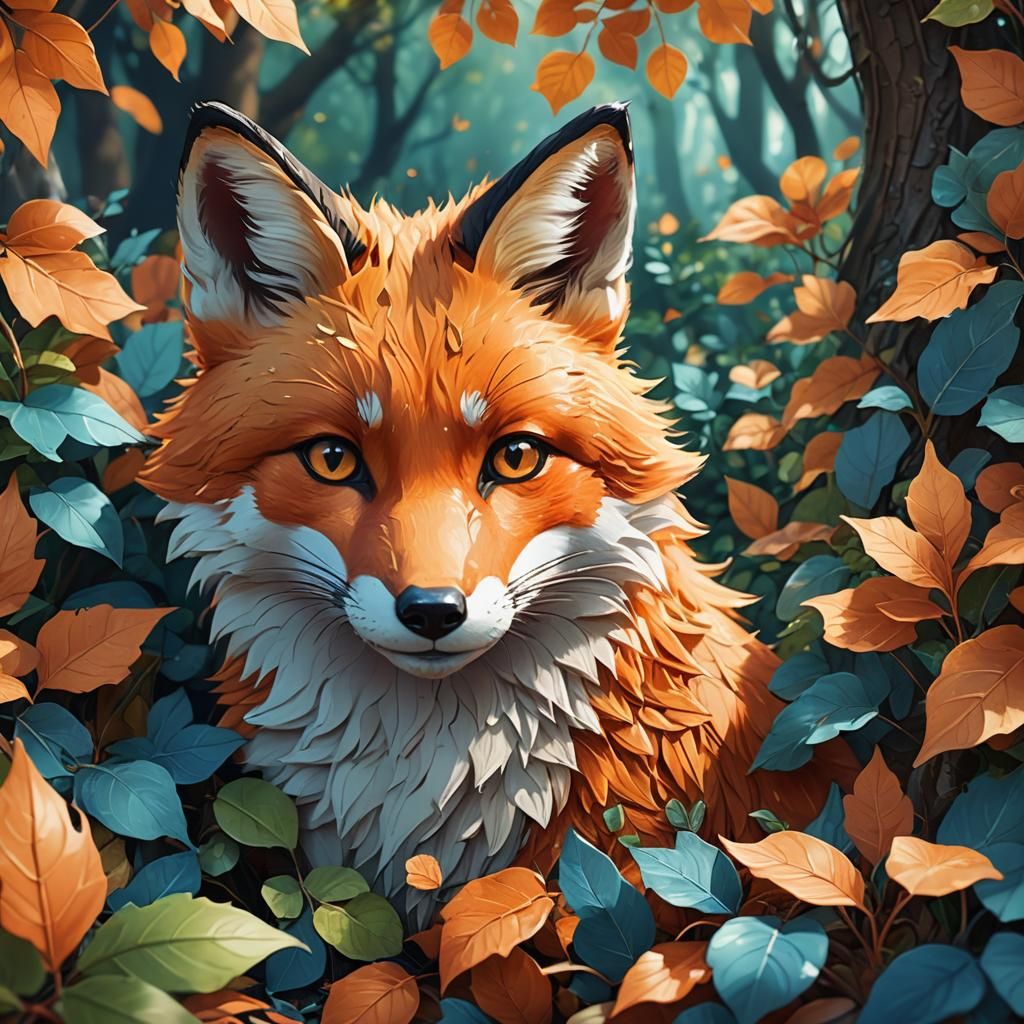 Cute Cartoon Fox in Leaves: Digital Matte Painting