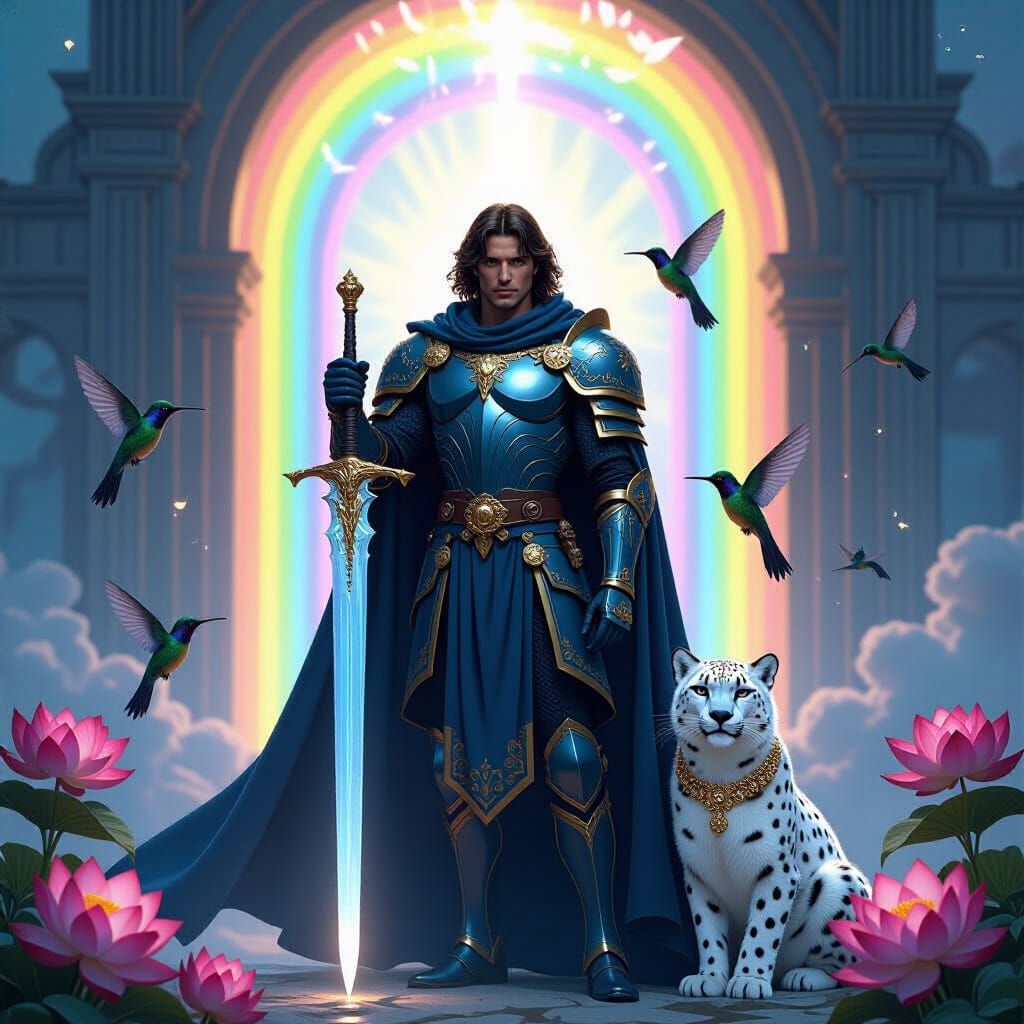 Cosmic Knight Before Crystal Rainbow Gates