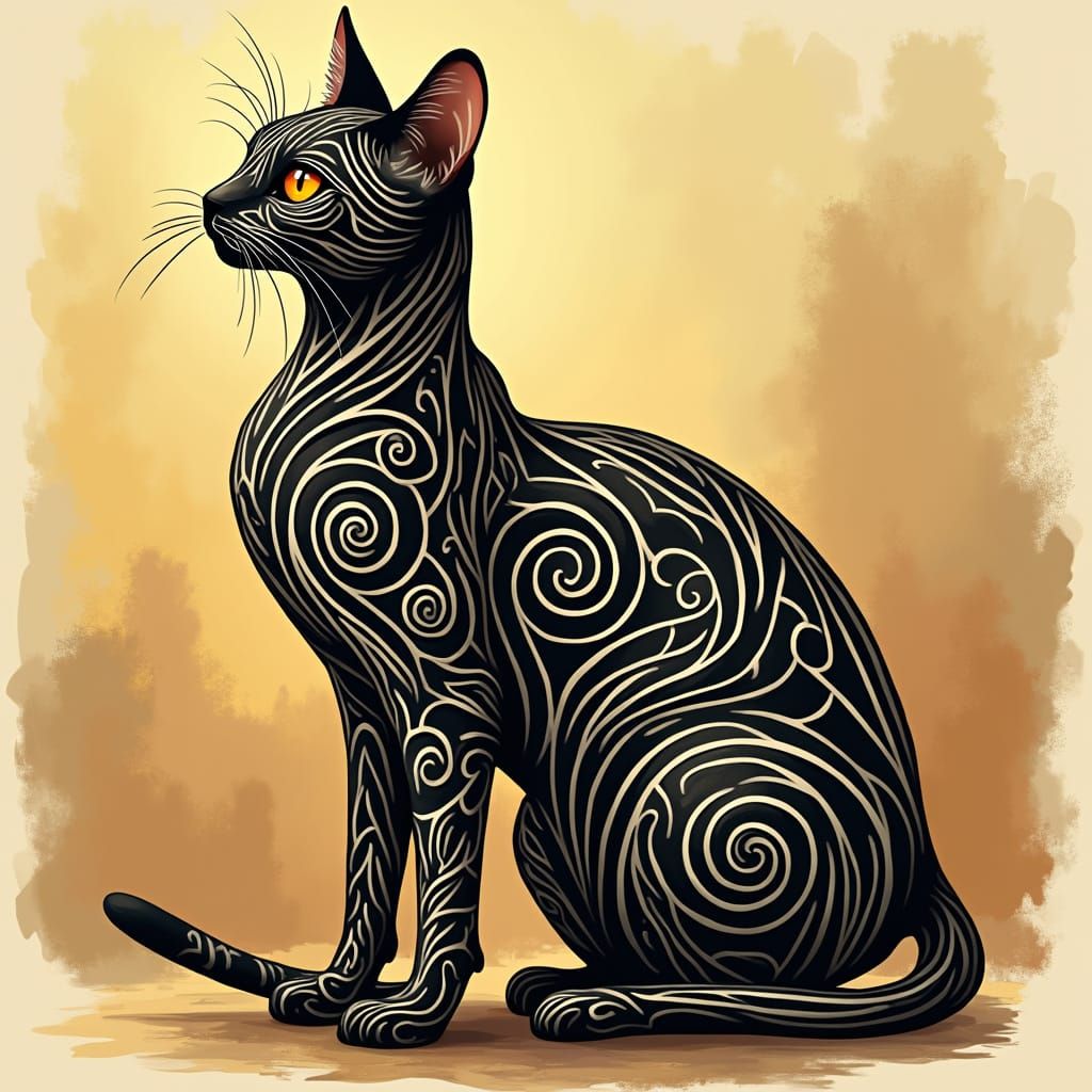 Sleek Mau Cat in Tribal Digital Art
