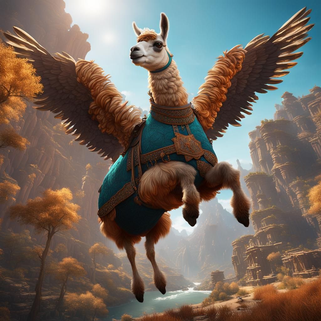 Fantastical Flying Llama in Detailed Matte Painting