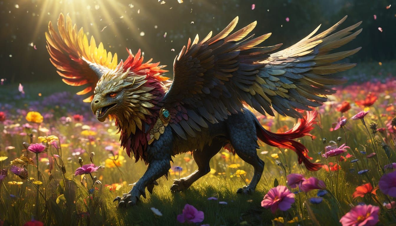 Glowing Griffin Descends with Fairy: Fantasy Concept Art