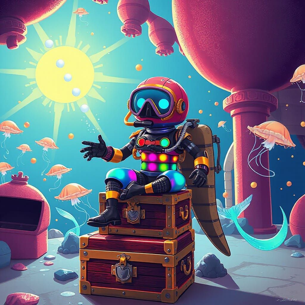 Zany Robot on Treasure Throne, Cartoon Style