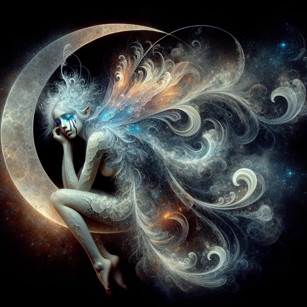 Distressed Fairy on Moon in 19th-Century Style