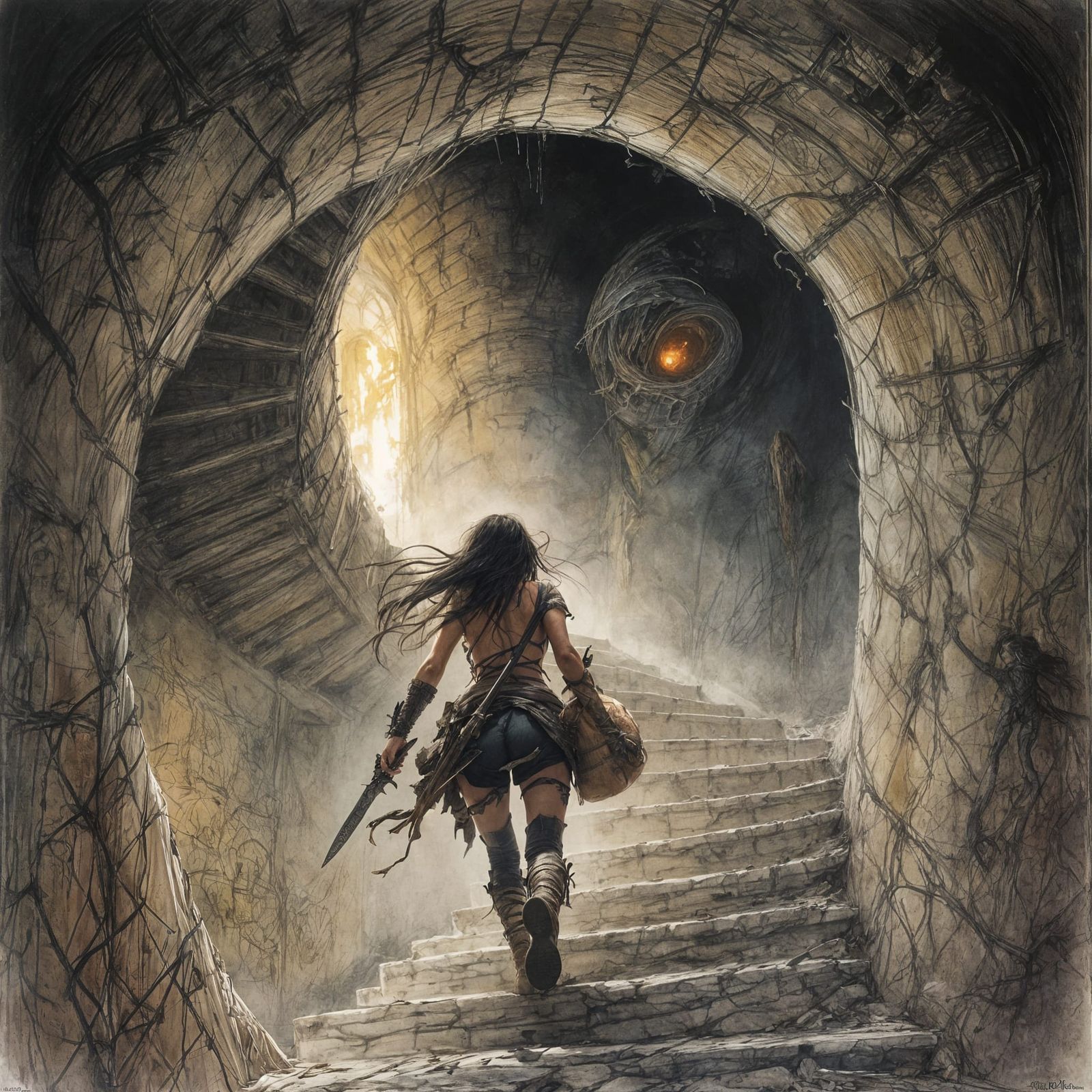 Adventurer Escapes Burning Tower: Pastel Illustration