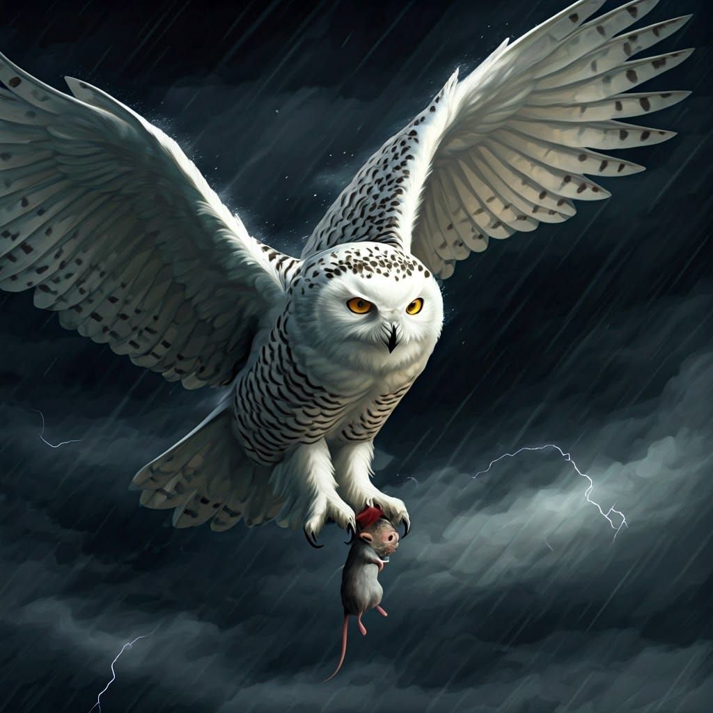 Snowy Owl Captures Mouse in Dark Fantasy Storm
