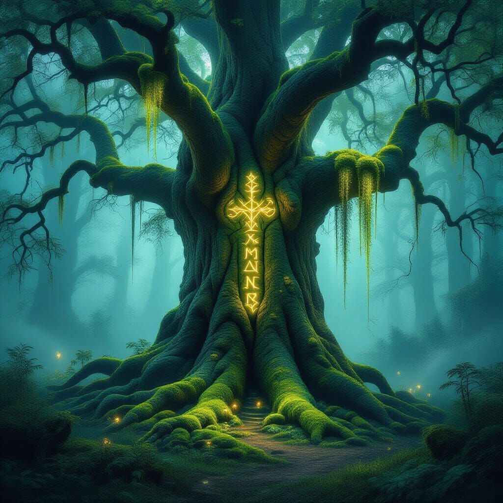 Majestic Ancient Tree with Glowing Runes in Enchanted Forest