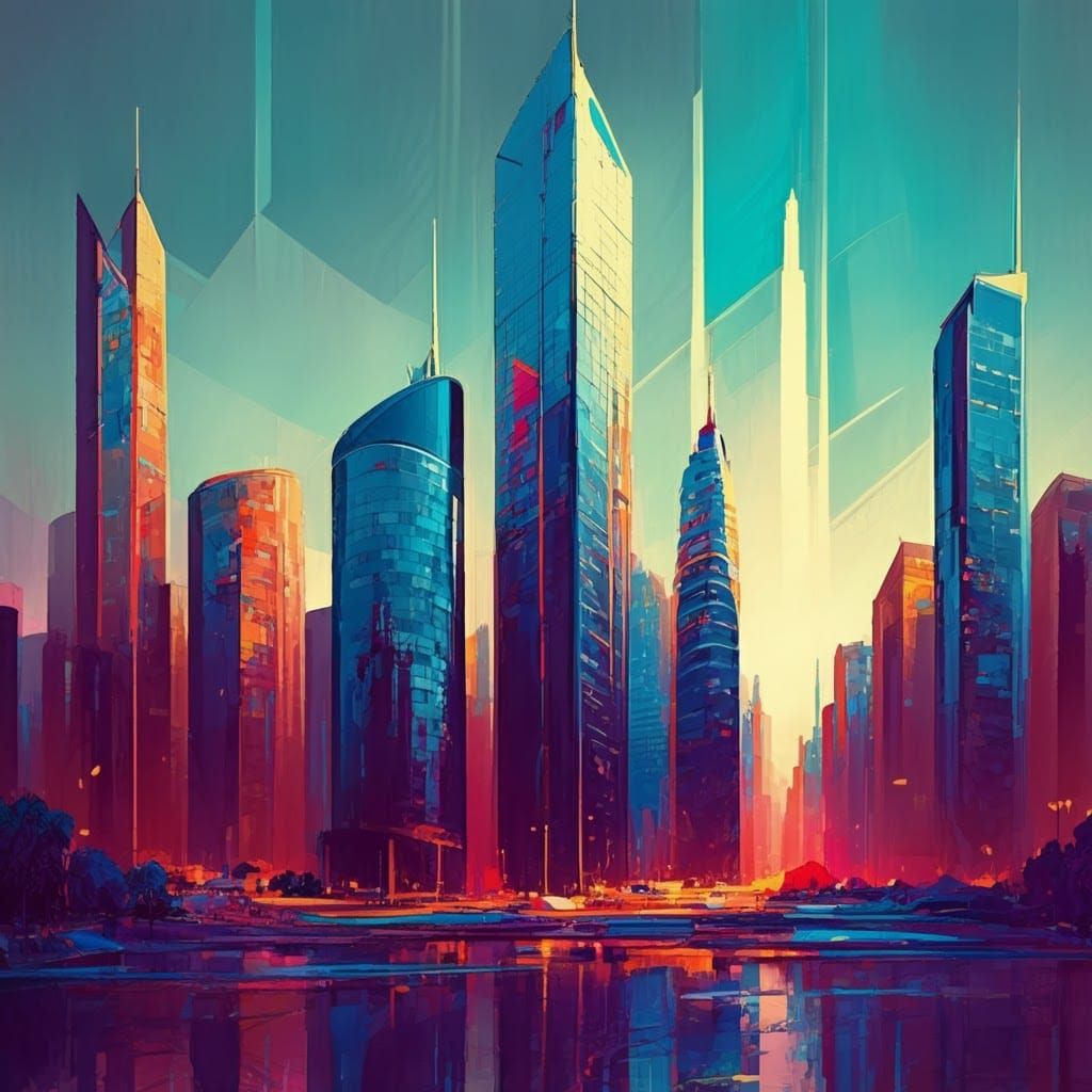 Vibrant Minimalist Cityscape in Abstract Digital Art